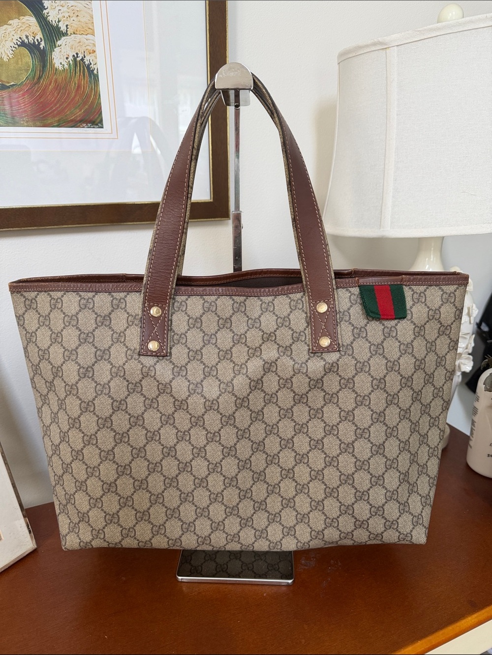 Gucci Beige/Brown GG Canvas Tote with Brown Leather Handles and Green/Red Web